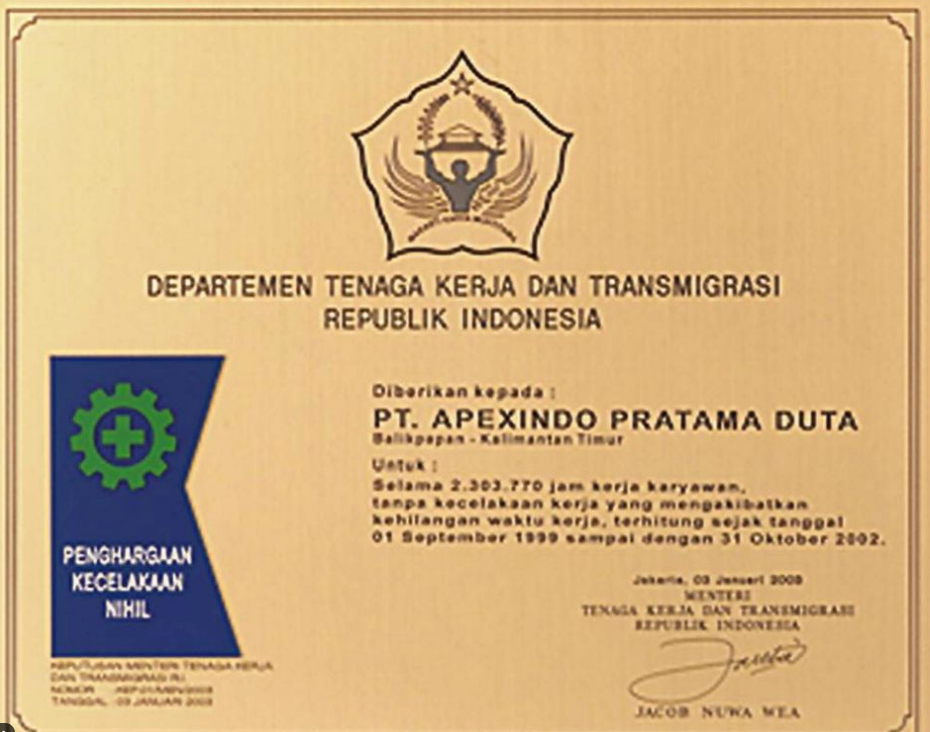 Apexindo received “Zero Accident Award” from Ministry of Manpower and Transmigration RI