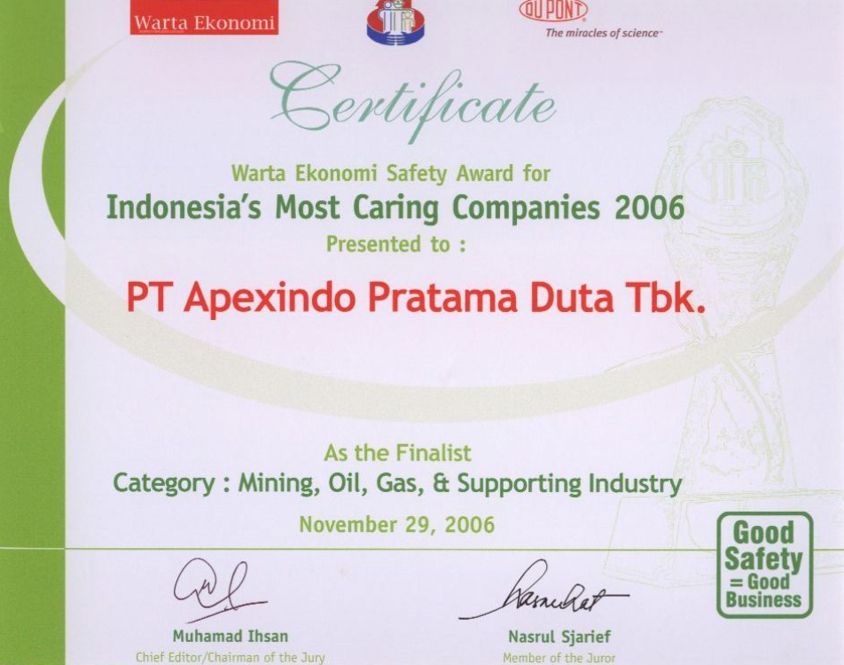 Apexindo ranked 2nd place in the Warta Ekonomi Safety Award for Indonesia’s Most Caring Company 2006 in the category of mining, oil & gas and service company