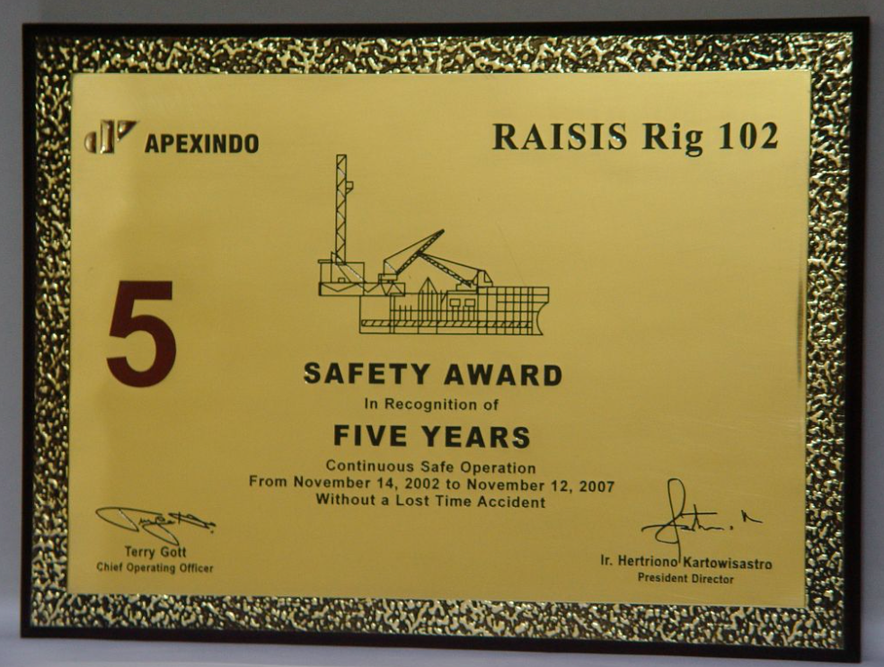 Apexindo’s Rig Raisis achieved a commendable 5 years of operation without recording a Loss Time Accident