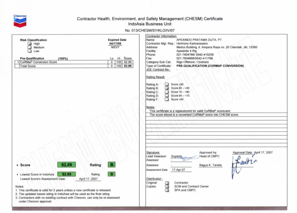 Sucessfully passed Chevron Gunung Salak CHESM Audit pre-qualification (cormap convertion) and obtained B Rating (82.89)