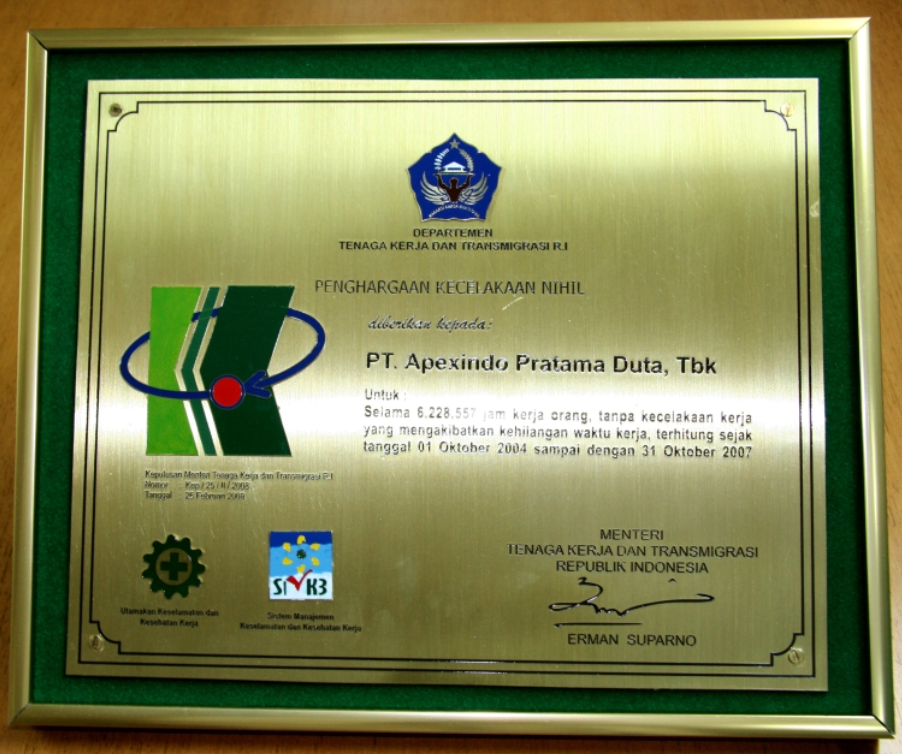 Once again received Zero LTA Award from the Minister of Manpower and Transmigration for Apexindo’s performance in conducting Work Safety and Health program and achieved excellent performance without LTA for 2007 period