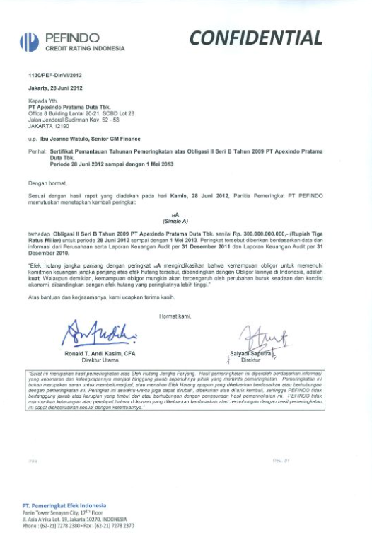 PEFINDO (Credit Rating Indonesia) declares “idA” Single A; Stable Outlook for the Company
