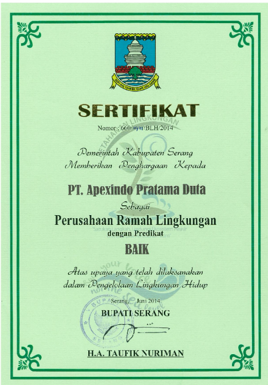 The District Government of Serang awarded Apexindo as an environmental friendly company