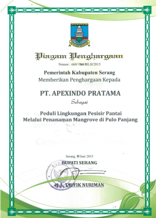 The District Government of Serang awarded Apexindo as an environmental coast care company