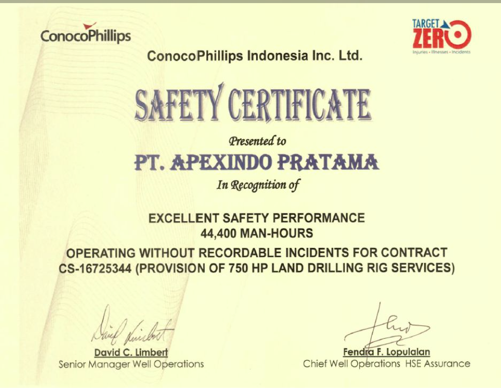 Apexindo Rig 14 received safety certificate from ConocoPhillips Indonesia Inc. Ltd.