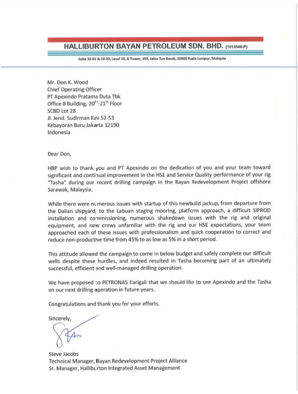 Apexindo obtained a recognition letter from Halliburton Bayan Petroleum SDN. BHD. (“HBP”)