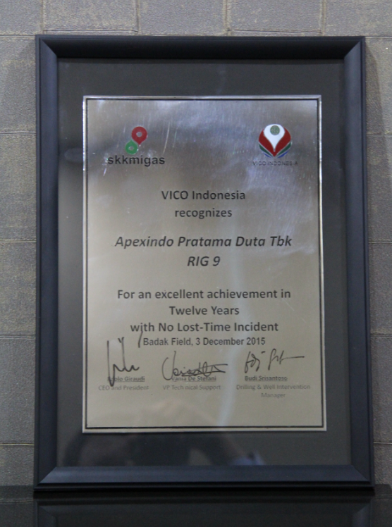 Rig 9 received an award from VICO Indonesia for its excellent achievement of 12 years of operations with No Lost-Time Incident