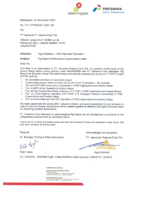 Apexindo received an appreciation letter from Pertamina Hulu Mahakam