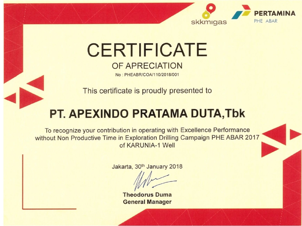 The excellence performance of Rig Raniworo without Non Productive Time (NPT)