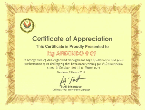 Apexindo Rig 9 received an award from VICO Indonesia for the well organized management, high quality and good performance of its drilling rig for 25 years working with VICO Indonesia