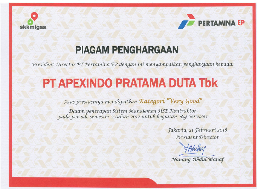 The implementation of Contractor HSE Management System during second semester of 2017 for Rig Services activity with the category of “Very Good”