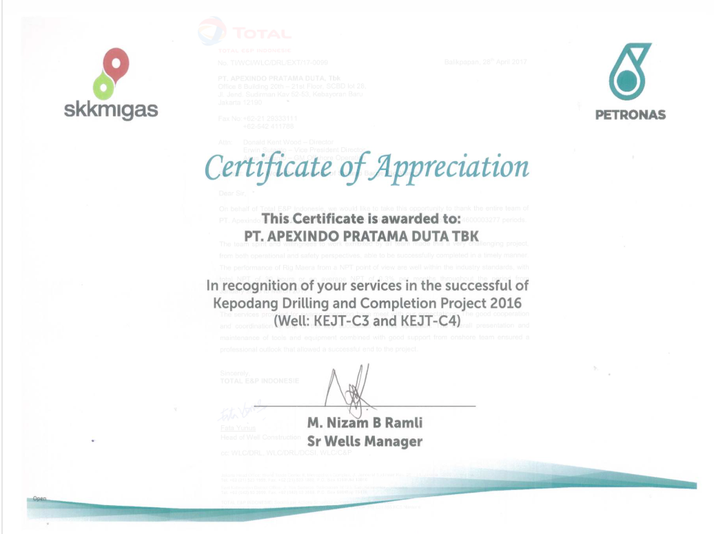 Apexindo Rig Tasha received an award from PC North Madura II Ltd