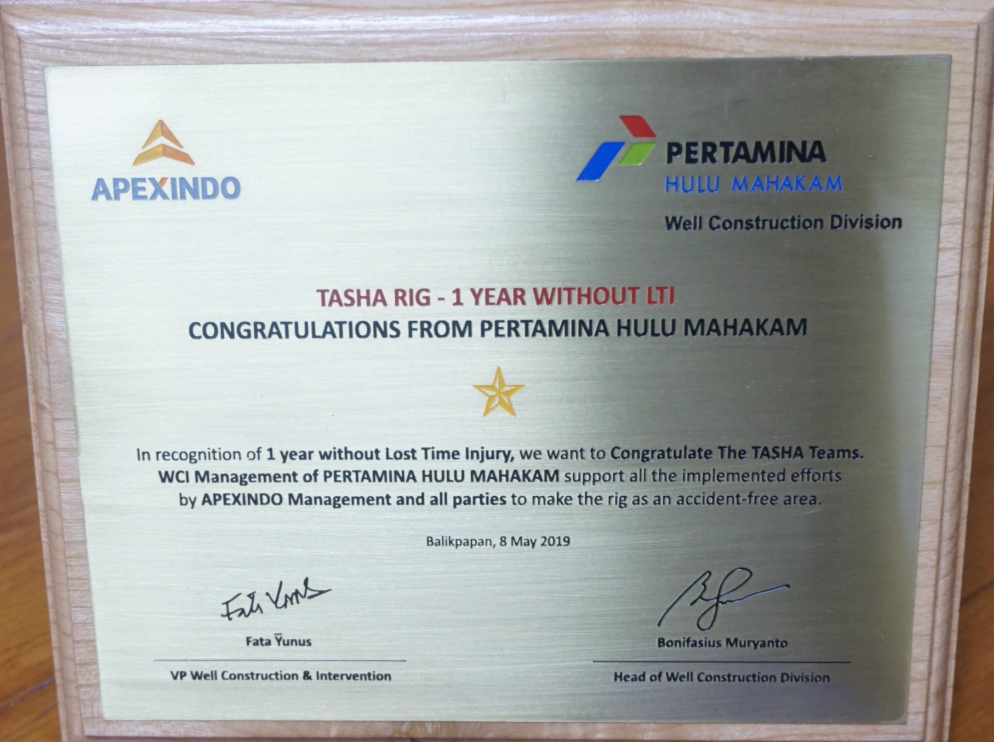 One Year Without Lost Time Incident (WLTI) and to make the rig as an accident-free area