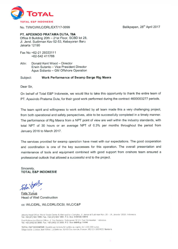 Apexindo received an appreciation letter from Total E&P Indonesie for good work performance of Maera and Yani swamp barge rig which operated in Mahakam area, East Kalimantan