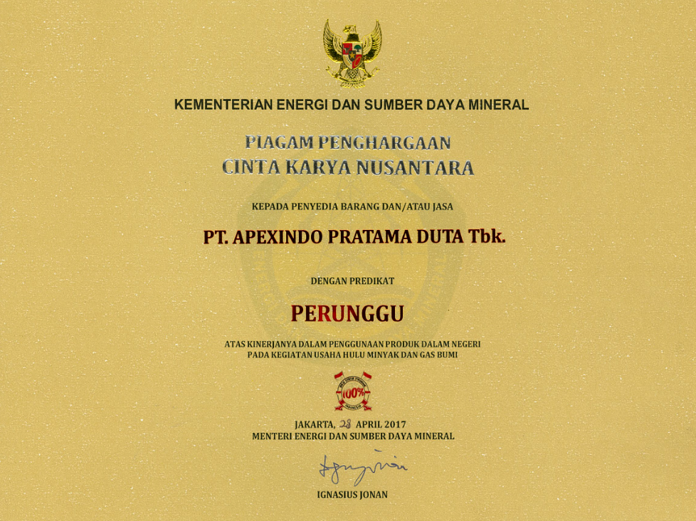 PT Apexindo Pratama Duta Tbk received Cinta Karya Nusantara award with bronze rating from The Ministry of Energy and Mineral Resources of Indonesia