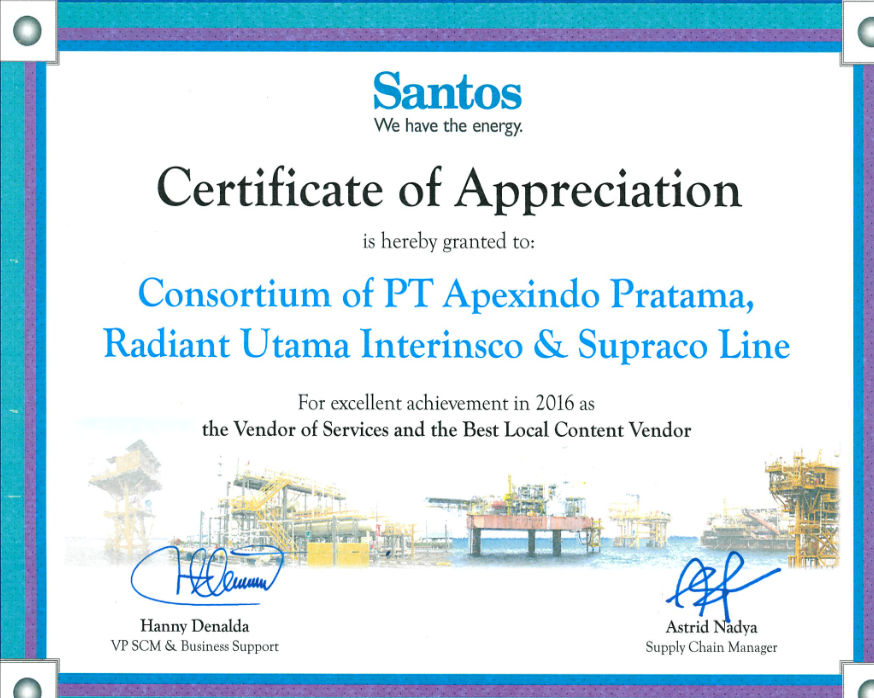 PT Apexindo Pratama Duta Tbk received an award from Santos (Sampang) Pty. Ltd. for the excellent achievement in 2016 as the Vendor of Services and the Best Local Content Vendor