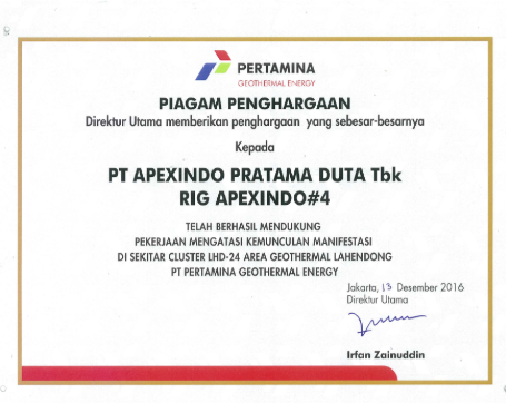 Apexindo Rig 4 received an award from PT Pertamina Geothermal Energy